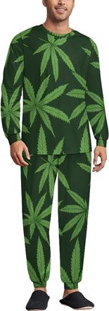Generic Green Weeds Pattern Mens Pyjama Sets Long Sleeve Sleepwear Crew Neck Loungewear Nightwear