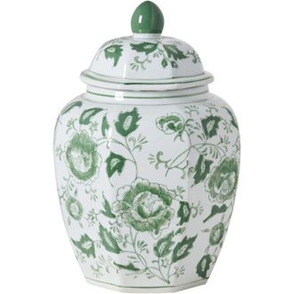 Beliani Flower Vase with Lid White and Green Lidded Ginger Jar Porcelain Decorative Table Accessory Antique Vintage FERROL