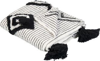 Beliani Beliani - Manta Blanco Negro 130 X 150 Cm Poli&eacute;ster Pet Hecho A Mano Borlas Saatli