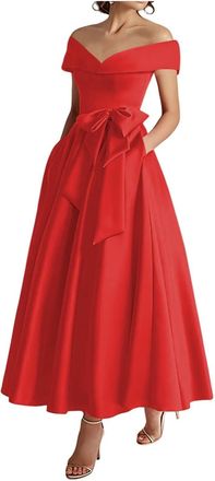 Generic Red Satin Mother of The Bride Dresses Off The Shoulder Tea Length Formal Wedding Guest Dress with Bow Evening Cocktail Gown with Pockets 12