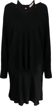 Twinset Elegante Zwarte Midi Jurk - Dames - Casual kleedjes - Zwart - M - Wol - Kleedjes