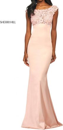 Sherri Hill Long Fitted Satin Lace Dress In Blush