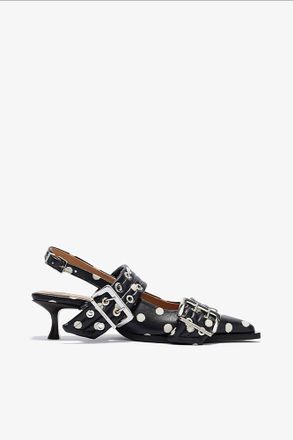 Ganni Black Feminine Buckle Heels with Dots - Size 36 Recycled Leather