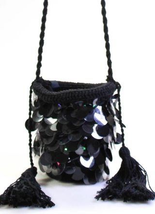 NANNACAY Crocheted Tassel Paetes Mini Oak Bag Handbag Black