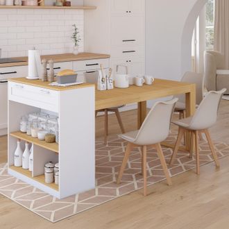 IDMarket Isla Central Con Mesa De Comedor Blanca Gary 190 Cm Para 5 Personas Con Tablero De Efecto Madera