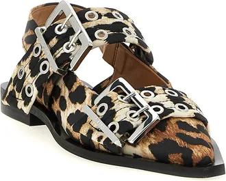 Ganni Leopard-Print Satin Buckle Slingback Flat - Leopard