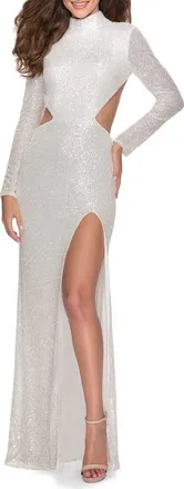La Femme Long Sleeve Sequin Dress with Open Back in White at Nordstrom, Size 10