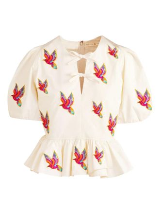 Marie Oliver Estella embroidered puff-sleeve peplum top - White