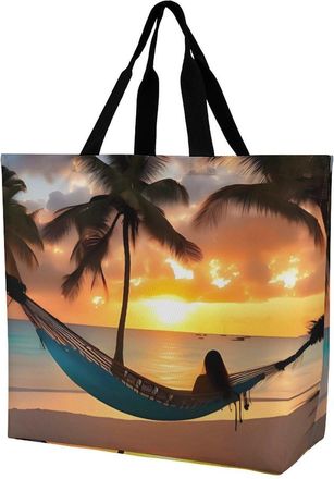 Generic YHNNH Fashionable Reusable Womens Shoulder Tote Bag Coconut Beach Sunset Hammock Printed with Unique Heat Transfer Print, Eco-Friendly Durable Polyest