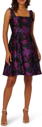 Adrianna Papell Floral Ruffle Jacquard Cocktail Dress in Black/Pink Multi at Nordstrom Rack, Size 12