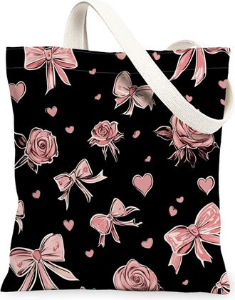 Generic Floral Black Canvas Tote Bags, Elegant Roses and Bows Pattern Reusable Grocery Bags, Stylish Lightweight Washable Shoulder Strap Canvas for Shopping O