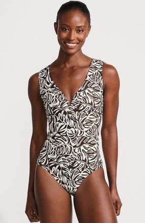 Lands End Sculpting Suit Sweetheart V-Wire High Leg One Piece Swimsuit in Brown Mini Tropic Leaves at Nordstrom, Size 12