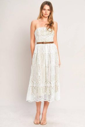 Flying Tomato Strapless Lace Midi Dress With Belt In White