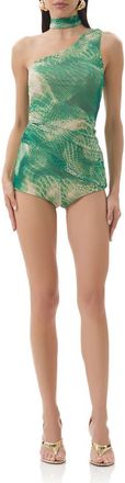 AFRM Maple One-Shoulder Top, Shorts & Scarf Set in Green Snake at Nordstrom, Size X-Large