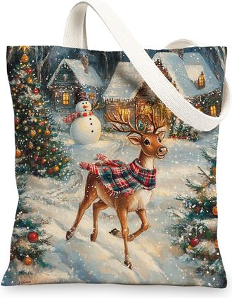 Generic Christmas Reindeer Deer Canvas Tote Bag for Shopping 13x15, Farmhouse Xmas Snowman Reusable Grocery Print Bag for Women Men, Holiday New Year Aestheti