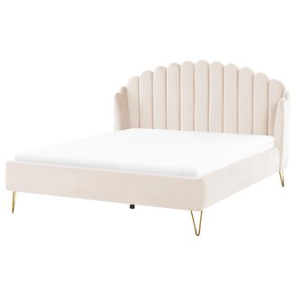 Beliani Cama Con Somier De Terciopelo 180 X 200 Cm Cabecero Beige Ambillou
