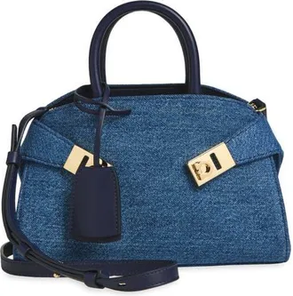 Ferragamo Mini Hug Denim Top Handle Bag in Denim/midnight at Nordstrom