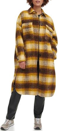 Levi's Longline Shirt Jacket Womens Yellow Brown Plaid Button Front FROG330