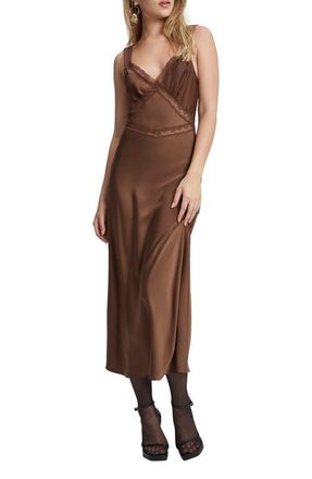 Bardot Emory Lace Trim Cutout Satin Midi Slipdress in Chocolate at Nordstrom, Size 12