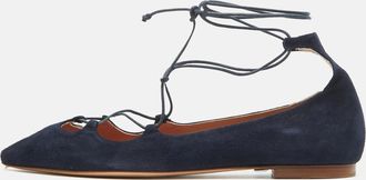 Carolina Herrera Blue Suede Pointed Toe Tie Up Ballet Flats