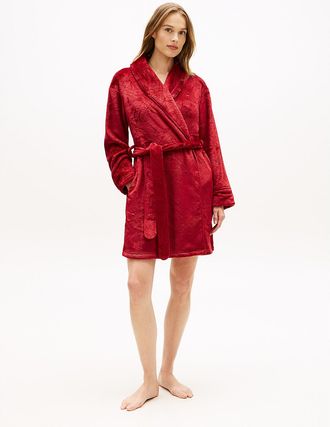 Tommy Hilfiger Womens Plaid Debossed Logo Plush Robe - Red - LXL