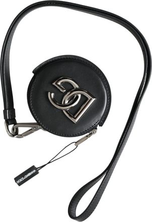 Dolce & Gabbana Black Round Leather DG Logo Coin Purse Lanyard Mens Wallet