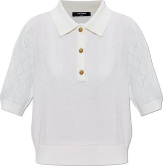 Balmain Gebreide polo met 3 knopen - Dames - V-hals truien - Beige - M - Wol - Truien & Vesten
