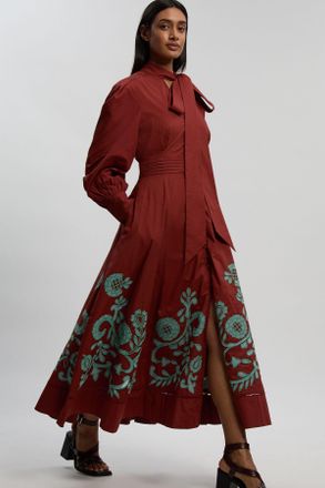 Karen Millen Womens Cotton Border Cutwork Maxi Dress With Ladder Lace Trim - Rust - Size 10 UK