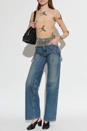 Blumarine Tulle Top With Butterfly Motif, Womens, Beige