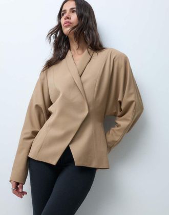 Asos blazer sartoriale blouson con maniche a pipistrello color sabbia-Nero
