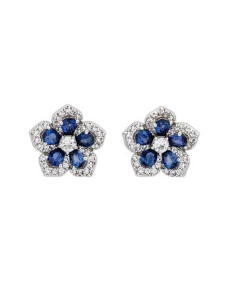 Suzy Levian Flower Silver 0.02 Ct. Tw. Diamond & Sapphire Stud Earrings