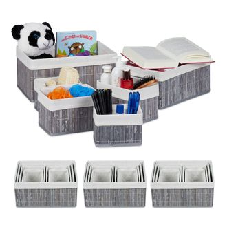 Relaxdays 24 Cestas De Almacenaje, Funda De Tela, Bamb&uacute;, Cuadrado Y Rectangular, Organizador, Gris