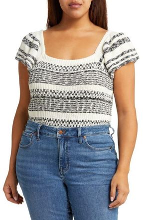 Treasure & Bond Short Sleeve Square Neck Sweater in Ivory- Black Mixed Stripe at Nordstrom, Size 2X