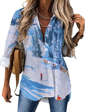 Generic Ski Snowy Mountain Resort Womens Blouses Shirts V Neck Long Sleeve Hawaiian Shirt Irregular Hem Loose Top XL