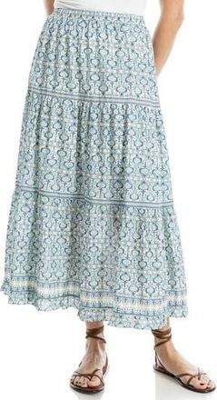 Max Studio Floral Wreath Print Tiered Cotton Blend Maxi Skirt in Cream/Teal Vine Crest at Nordstrom Rack, Size X-Large