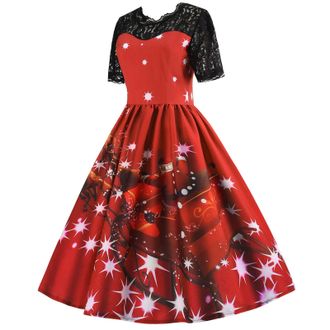Generic Women Christmas Dresses UK Ladies Short Sleeve Santa Xmas Dresses Elegant Lace Patchwork Round Neck Flared A Line 1950s Swing Dress Christmas Costume 