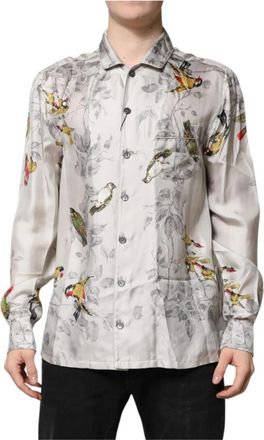 Dolce & Gabbana Zijden bedrukte knoopsluitingsshirt - Heren - Casual Overhemden - Grijs - S - Overhemden