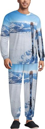 Generic Winter Mountains Ski Equipment Mens Pajama Set Print Loungwear Sleepwear PJ Set Long Sleeve Top And Pants Sleep Sets
