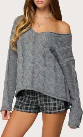 Edikted Inga Cable Oversize V-Neck Sweater in Gray-Melange at Nordstrom, Size X-Small