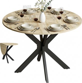 HOMCOM Homcom Mesa Plegable De Comedor Redonda, Para 2-6 Personas, Con Ala Abatible, Marco De Acero Doble X, Para Espacio Peque&ntilde;o, &Oslash;110x76 Cm, Natural