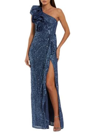 Mac Duggal One Shoulder Sequin Ruffle Detail Gown in Ocean at Nordstrom, Size 14