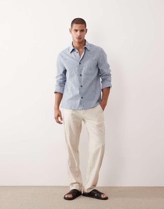 Mango Camicia a maniche lunghe in misto lino blu navy a righe