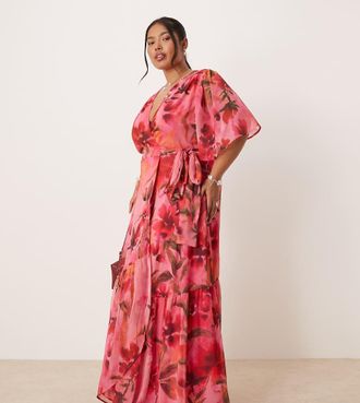 Hope & Ivy Vestito lungo a portafoglio rosa a fiori con maniche con volant