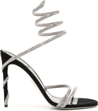 Rene Caovilla Kristalversierde Zwarte Satijnen Hakken - Dames - Sandalen met hakken - Grijs - 39 1/2 EU - Satijn - Schoenen