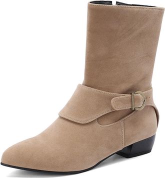 Generic Womens Retro Pointed Toe Suede Ankle Boots Buckle Strap Low Block Heels Side Zipper Comfortable Anti-Slip Wear-Resistant for Daily Street Date,Beige,1