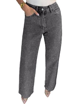 Generic Sparkly Jeans Rhinestone Jeans Womens High Waisted Rhinestone Pants Baggy Straight Wide Leg Shiny Diamond Casual Denim Pants Sparkly Bling Glitter Boy