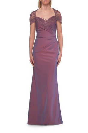 La Femme Embroidered Lace Sleeve Gown with Keyhole Back in Orchid at Nordstrom, Size 10