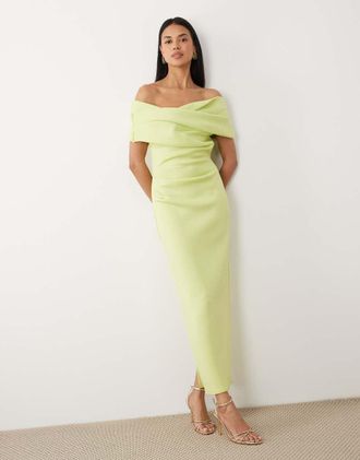 Asos Vestito midi verde chiaro con scollo alla Bardot e spacco