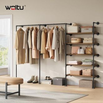 Woltu Appendiabiti, Guardaroba a Giorno con 5 Ripiani 2 Aste, Attaccapanni con Montaggio a Parete, Porta Abiti, Nero + Marrone Rustico - Woltu