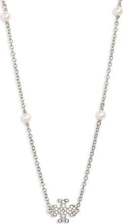 Tory Burch Delicate Kira Cultured Pearl Station Necklace in Tory Silver /Crystal /Pearl at Nordstrom